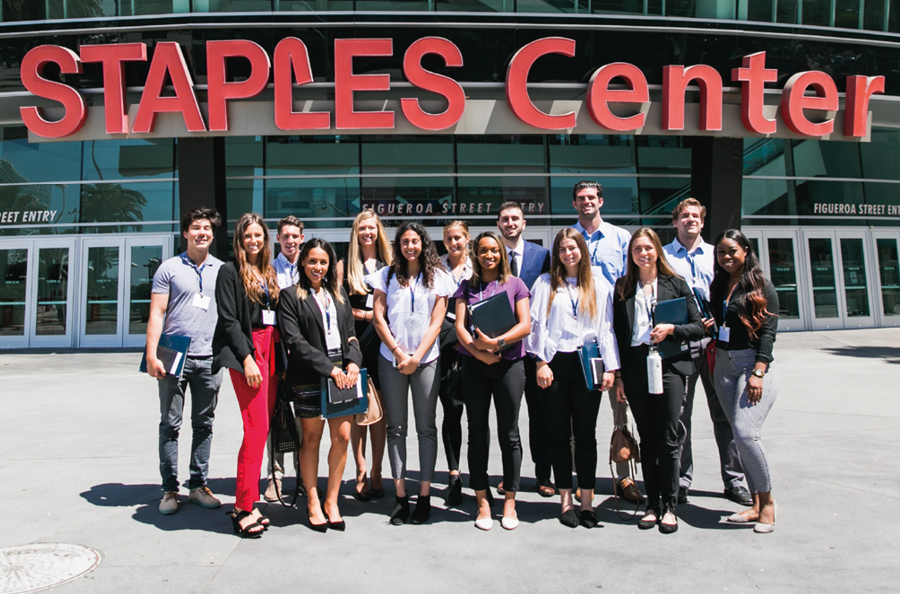 Students standing in front of the Staples Center